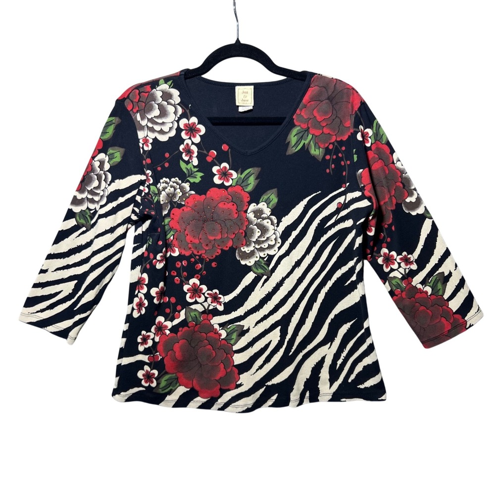 Vintage 90s Jess & Jane Lotus Garden Black‎ Floral Zebra Print Top Large USA